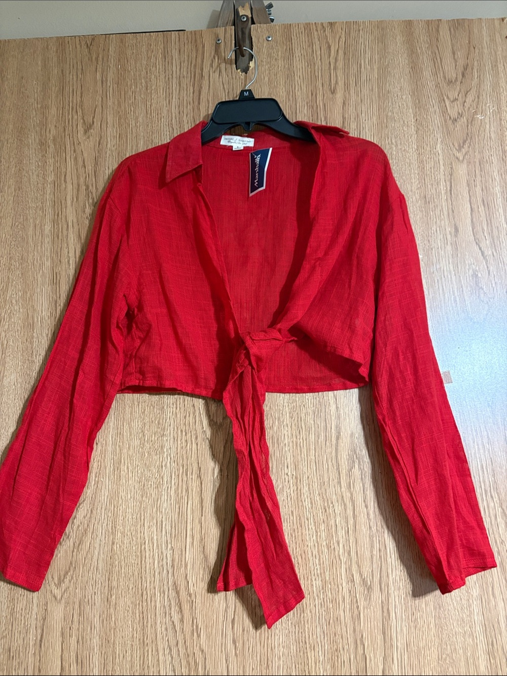 Women's Red Tie-Front Crop Top with Collar